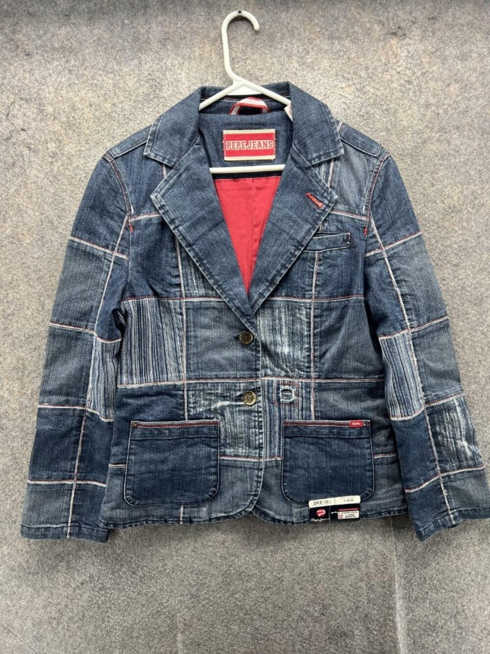 Pepe Jeans Denim Blazer Jacket Womens Large Blue Patchwork Single Breasted